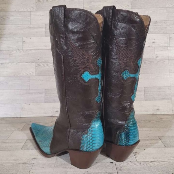 Rogers Boots Turquoise Cobra Snakeskin Brown Leather Rodeo Cowboy Boots Size 7 - Picture 5 of 9